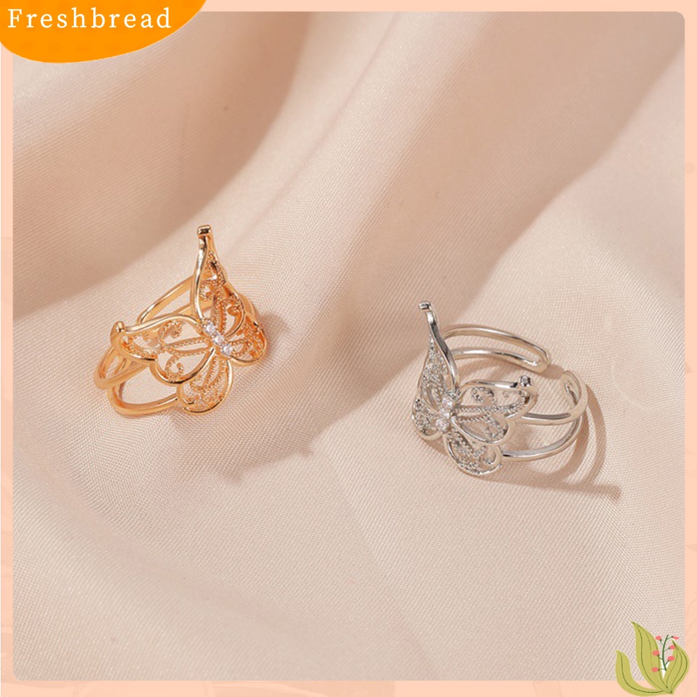 &lt; Freshbread &gt; Fashion Wanita Berongga Kupu-Kupu Berlian Imitasi Pembukaan Lebar Jari Cincin Perhiasan Pesta