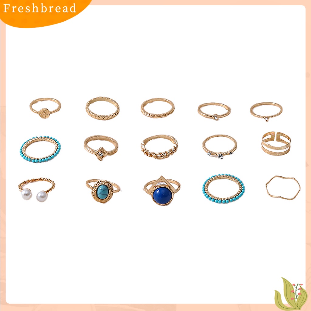 &lt; Freshbread &gt; 15 Pcs Turquoise Faux Pearls Decor Knuckle Rings Wanita Vintage Bersinar Jari Cincin Aksesoris Perhiasan