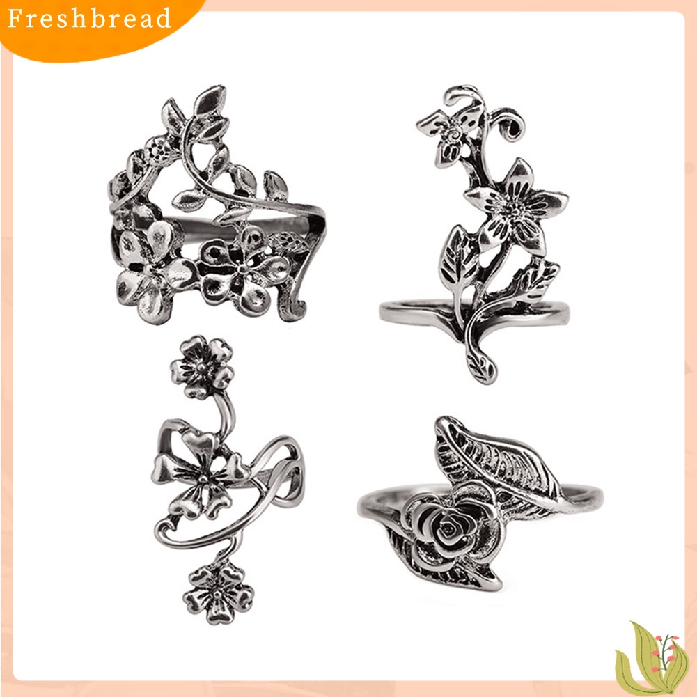&lt; Freshbread &gt; 4Pcs Wanita Vintage Stereo Bunga Daun Midi Jari Buku Jari Cincin Set Perhiasan