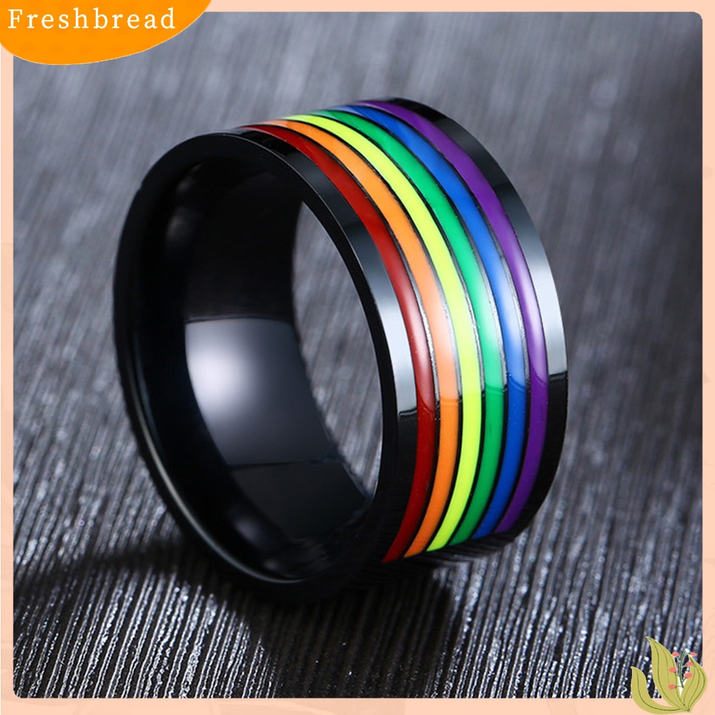 &lt; Freshbread &gt; Pria Fashion Stainless Steel Pride Print Warna Pelangi Jari Cincin Perhiasan Hadiah