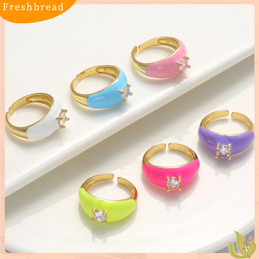 &lt; Freshbread &gt; Multicolor Dripping Oil Enamel Ring Tembaga Berlian Imitasi Pembukaan Cincin Jari Lebar Aksesori Perhiasan