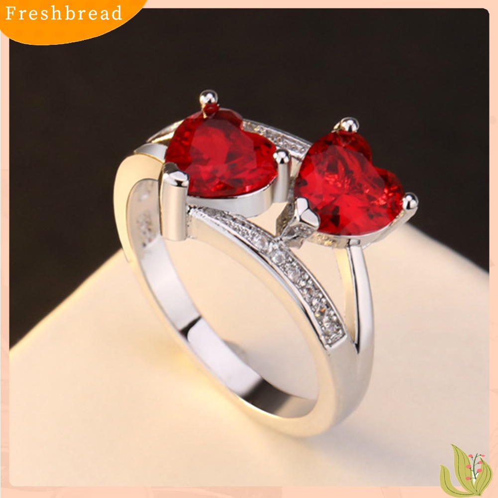 &lt; Freshbread &gt; Wanita Fashion Ganda Bentuk Hati Cubic Zirconia Hias Jari Cincin Perhiasan Hadiah