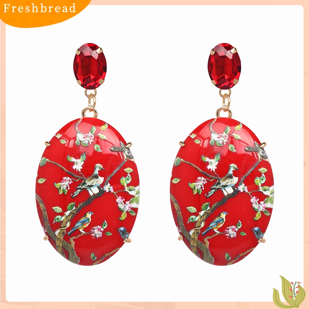 &lt; Freshbread &gt; Retro Wanita Bunga Oval Imitasi Batu Permata Menjuntai Anting Eardrop Pesta Perhiasan