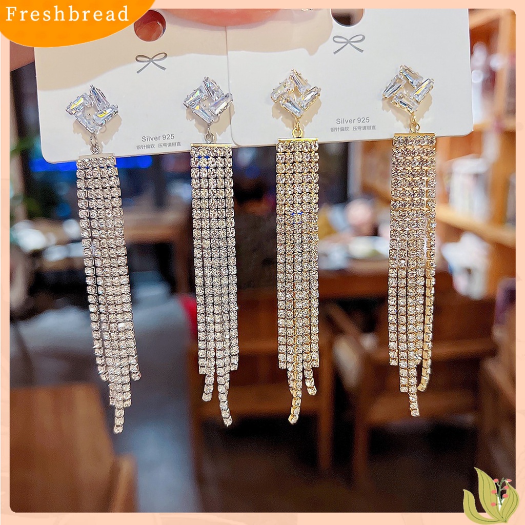 &lt; Freshbread &gt; 1pasang Anting Panjang Geometris Elegan Berlebihan Rantai Panjang Temperamen Bertatahkan Berlian Imitasi Anting Rumbai Panjang Aksesoris Fashion