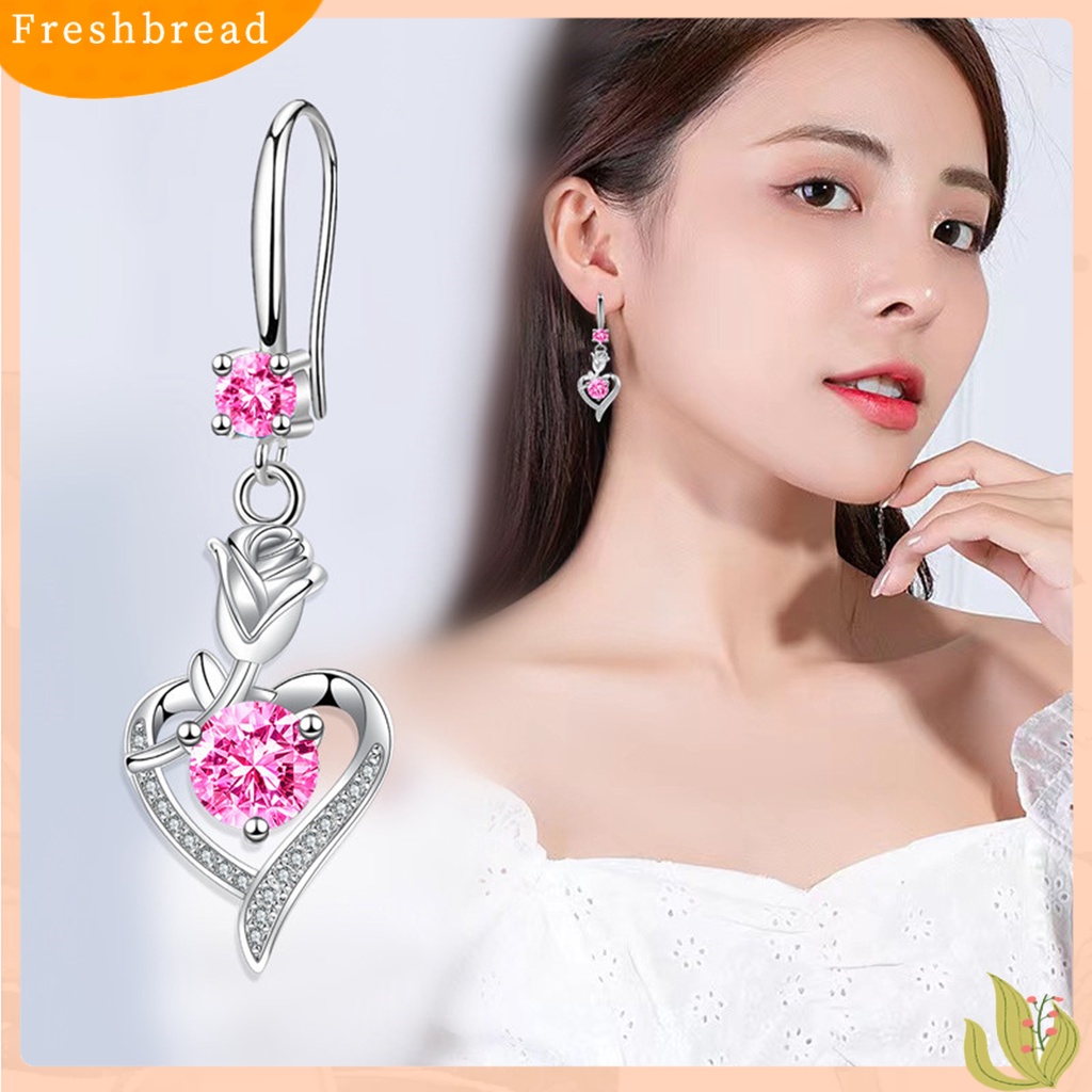 &lt; Freshbread &gt; 1pasang Anting Hoop Bersinar Cubic Zirconia Geometris High-end Liontin Berdandan Hypoallergenic Bunga Mawar Hati Menjuntai Anting Perhiasan Fashion