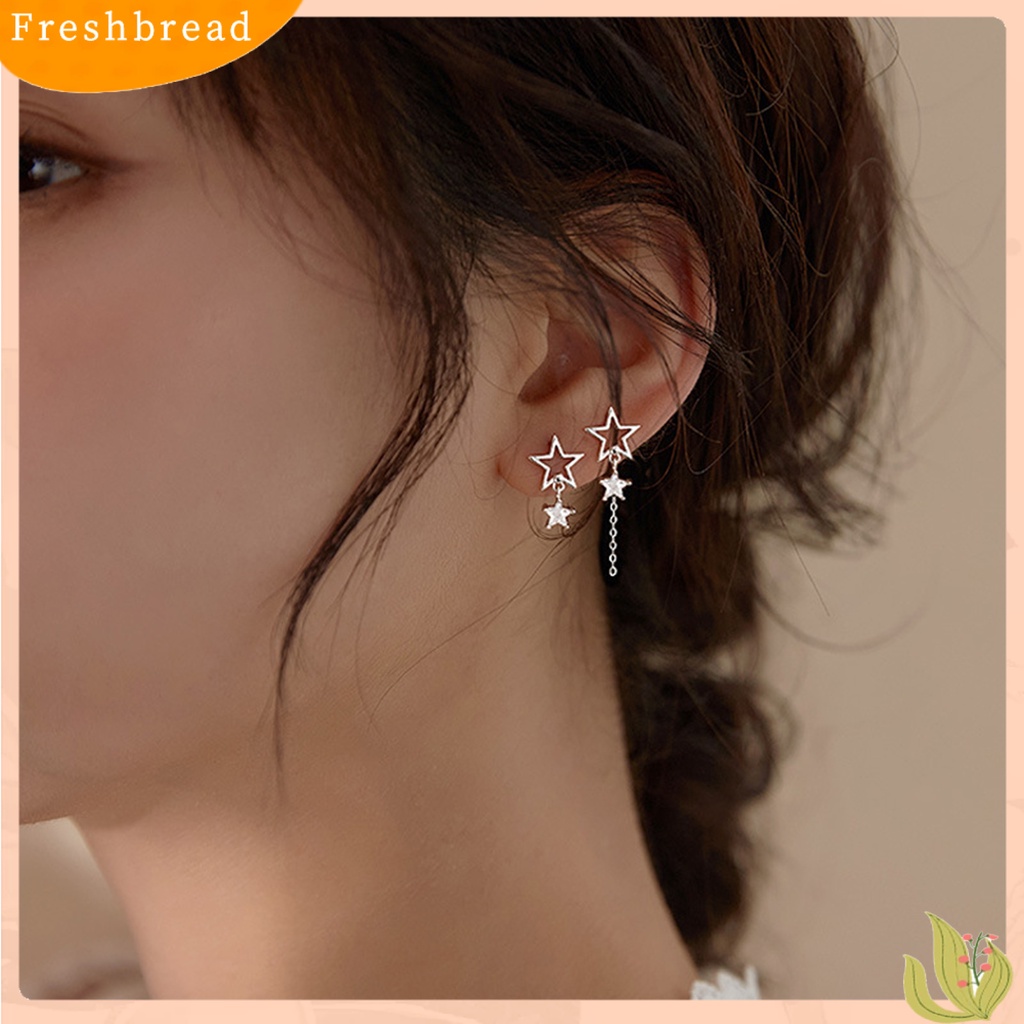 &lt; Freshbread &gt; 1pasang Ear Studs Rantai Bintang Berongga Rumbai Tidak Teratur Warna Emas/Perak Cubic Zirconia Tertanam Bintang Drop Anting-Anting Perhiasan Fashion