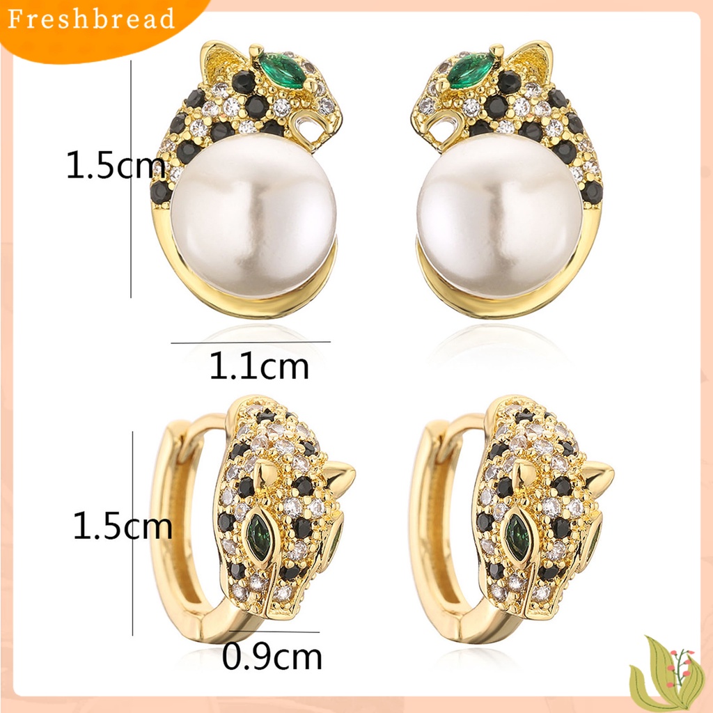 &lt; Freshbread &gt; 2Pcs Ear Studs Sparkling Anti-Oksidasi Tahan Luntur Mengkilap Mengkilap Berkilau Gaya Euro-Amerika Zirkon Emas Leopard Stud Earrings Lady Supply