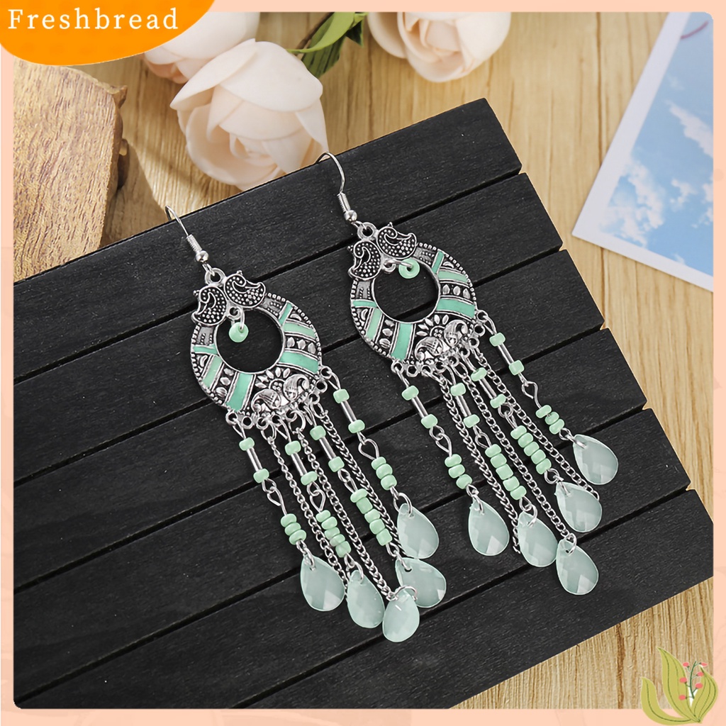 &lt; Freshbread &gt; 1pasang Gaya Etnik Pola Retro Drop Earrings Berlian Imitasi Bohemian Berongga Rumbai Kait Anting Perhiasan Pesta