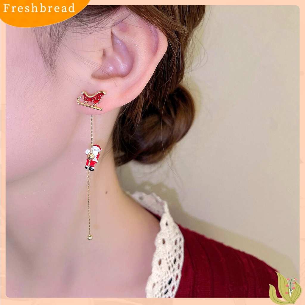 &lt; Freshbread &gt; 1pasang Anting Menjuntai Asimetris Rantai Panjang Rumbai Manis Festival All-match Dekorasi Hadiah Xmas Natal Santa Claus Snowflake Bell Drop Earrings