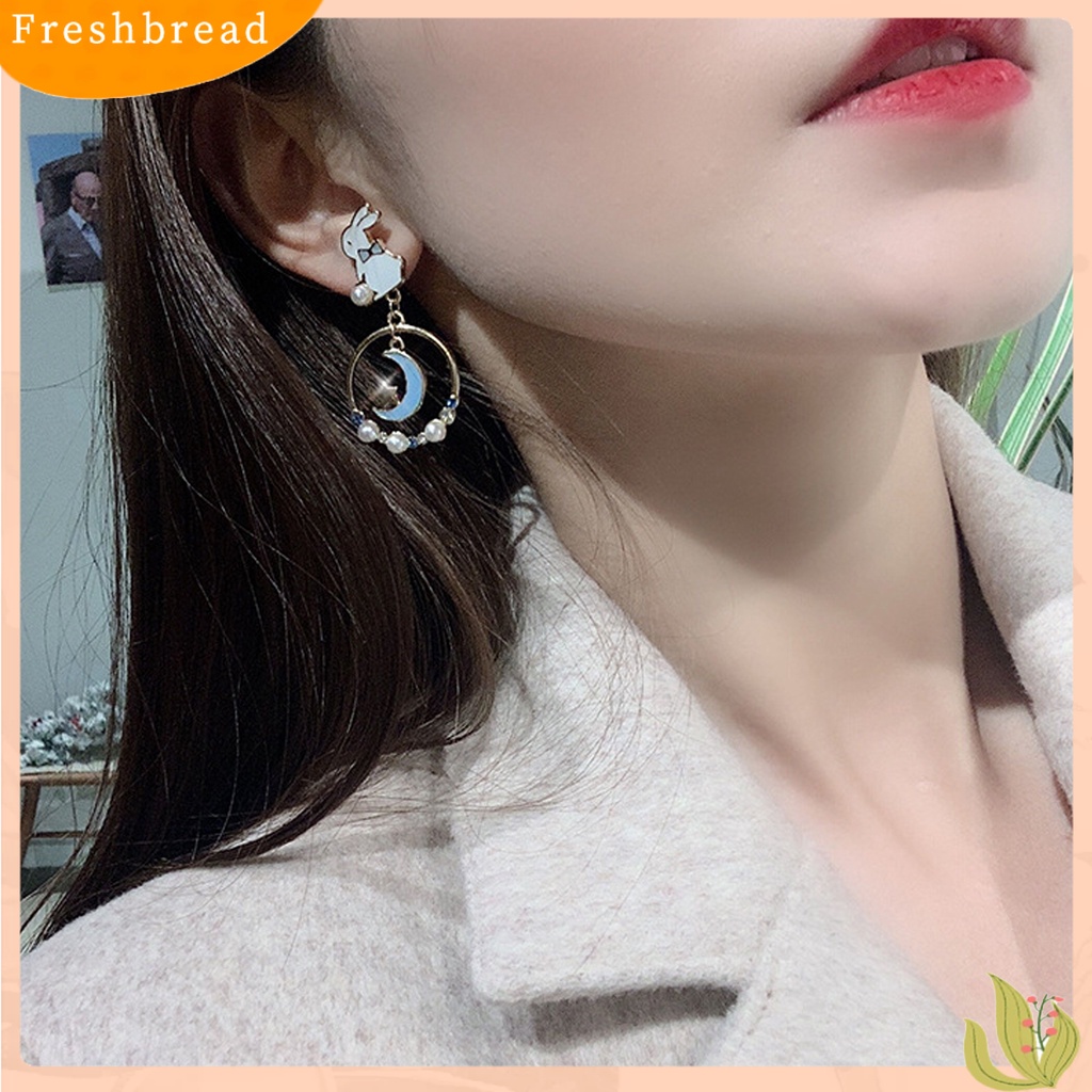 &lt; Freshbread &gt; 1pasang Stud Earrings Dissymmetry Cincin Berongga Berlian Imitasi Mutiara Imitasi Hadiah Kartun Kelinci Bulan Bintang Gadis Drop Earrings Fashion Perhiasan