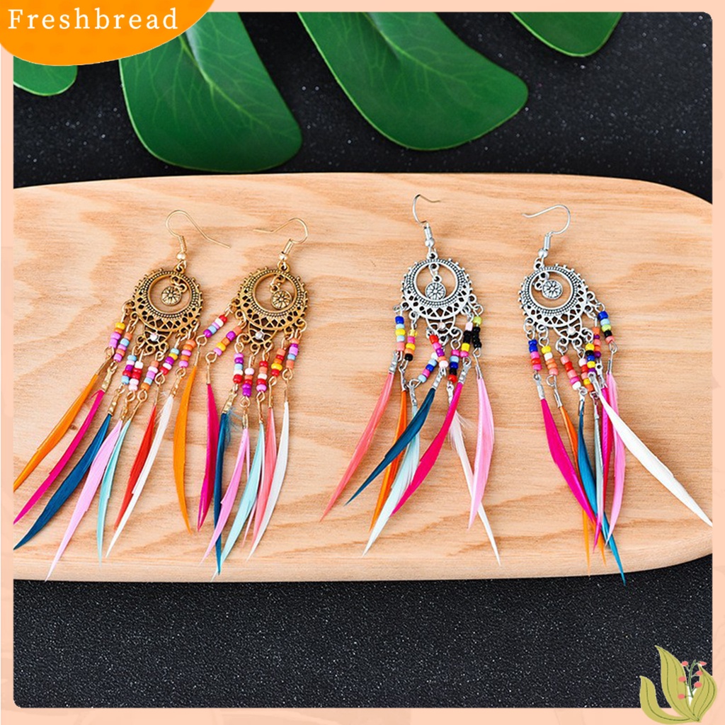 &lt; Freshbread &gt; 1pasang Anting Wanita Berongga Keluar Bulu Manik-Manik Warna-Warni Plating Perhiasan Bohemian Anting Menjuntai Untuk Pesta