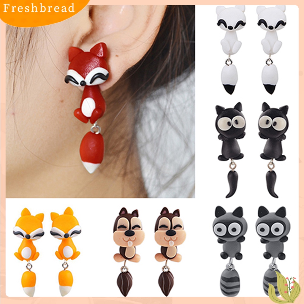 &lt; Freshbread &gt; Anting Tusuk Bentuk Kartun Hewan Polymer Clay Handmade Ear Studs Untuk Pesta