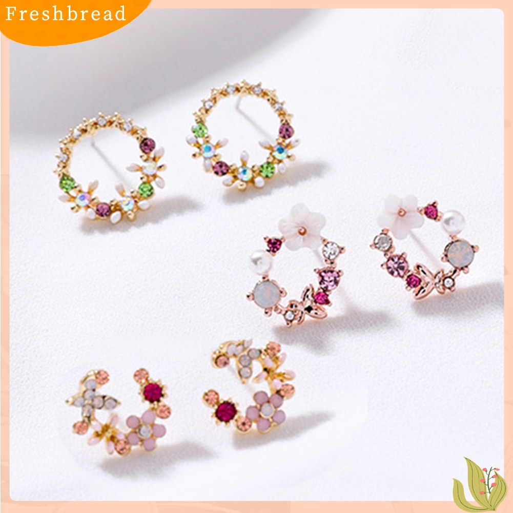 &lt; Freshbread &gt; Wanita Bunga Lingkaran Hati Tetesan Air Mutiara Imitasi Hias Berlian Imitasi Stud Earrings