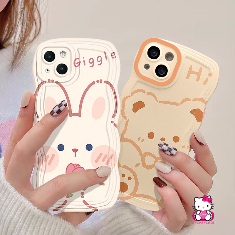 Couple Cute Bear Rabbit Casing Kompatibel Untuk iPhone 7Plus 11 14 13 12 Pro Max X XR XS Max 14 Plus 6s 6 7 8 Plus SE 2020 Kartun Wavy Edge Soft Tpu Lover Phone Cover