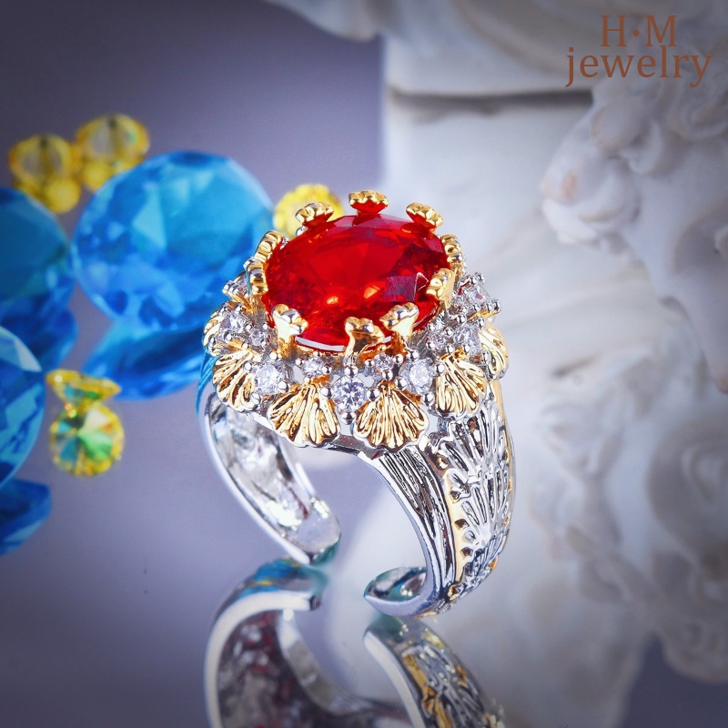 S925 Perak Vintage Brushed Bertekstur Ukir Emas Ruby Cincin Gaya Antik Two-Tone Gold Crowns Ornament