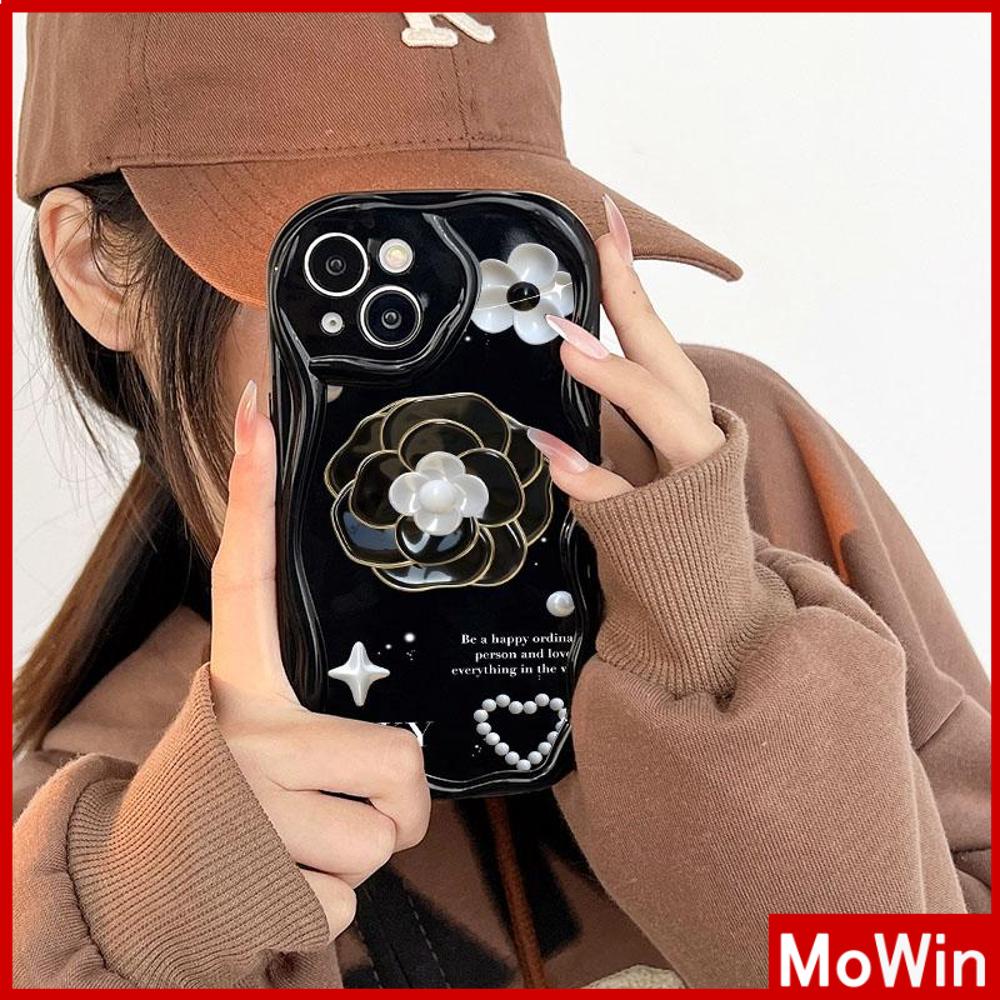 For iPhone 14 Pro Max iPhone Case 3D Curved Edge Wave Glossy Black TPU Airbag Shockproof Camera Cover Luxury Camellia Compatible with iPhone 13 Pro max 12 Pro Max 11 xr xs max