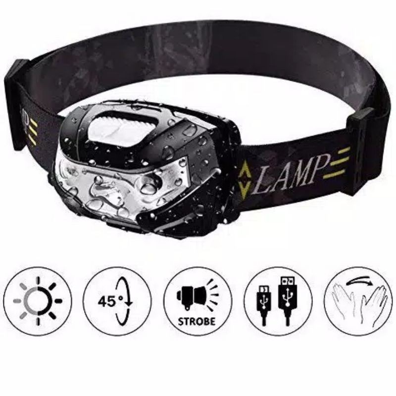 Senter Kepala Cas Head lamp LED Taffled Multifungsi With Sensor Flashlight Gerak USB Charger