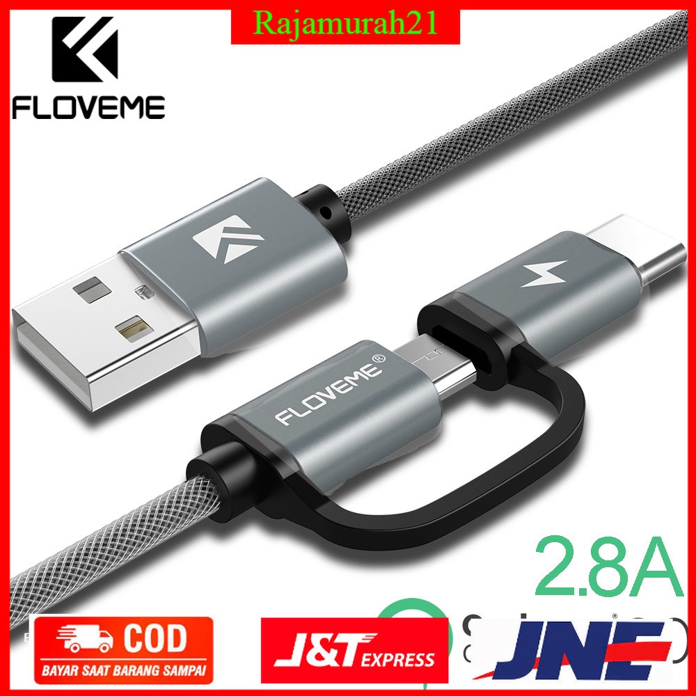 Floveme Kabel Charger 2 in 1 Micro USB + USB Type C QC3.0 2.8A 100cm - P9 - Gray - FQUA0EGY