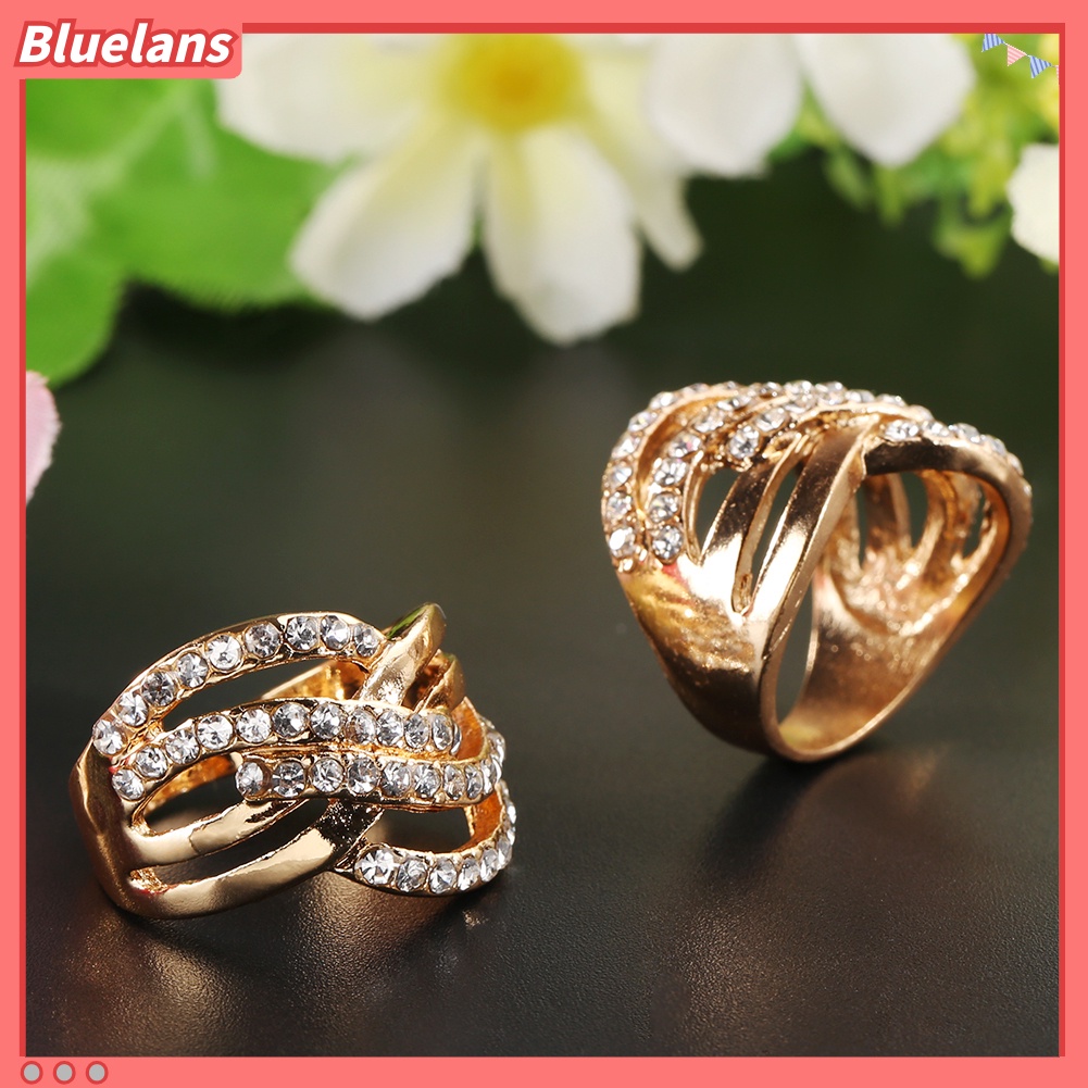 {In Stock} Mewah Berlapis Emas 9K Paduan Jari Band Berlian Imitasi Bertatahkan Cincin Perhiasan Hadiah