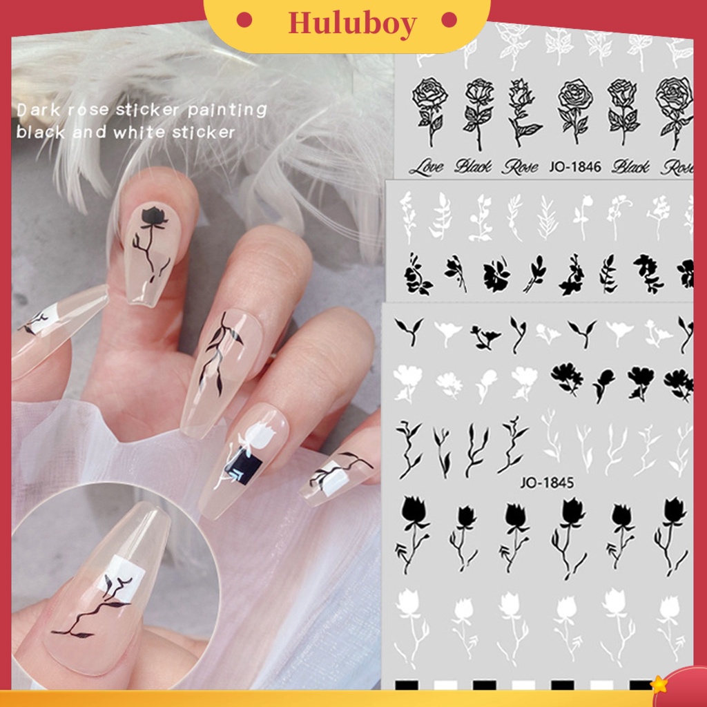 {In Stock} Stiker Nail Art Hidup DIY Ramah Lingkungan Dicat Tangan Hitam Putih Mawar Stiker Nail Art Untuk Wanita