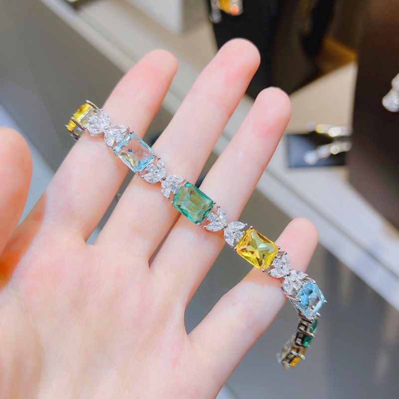 Goldkingdom Fashion Perhiasan Aksesoris Ready Stock Warna Pelangi Gelang Wanita Mewah Gula Laut Biru Berlian Kuning Paraiba Bertatahkan Gelang Warna-Warni