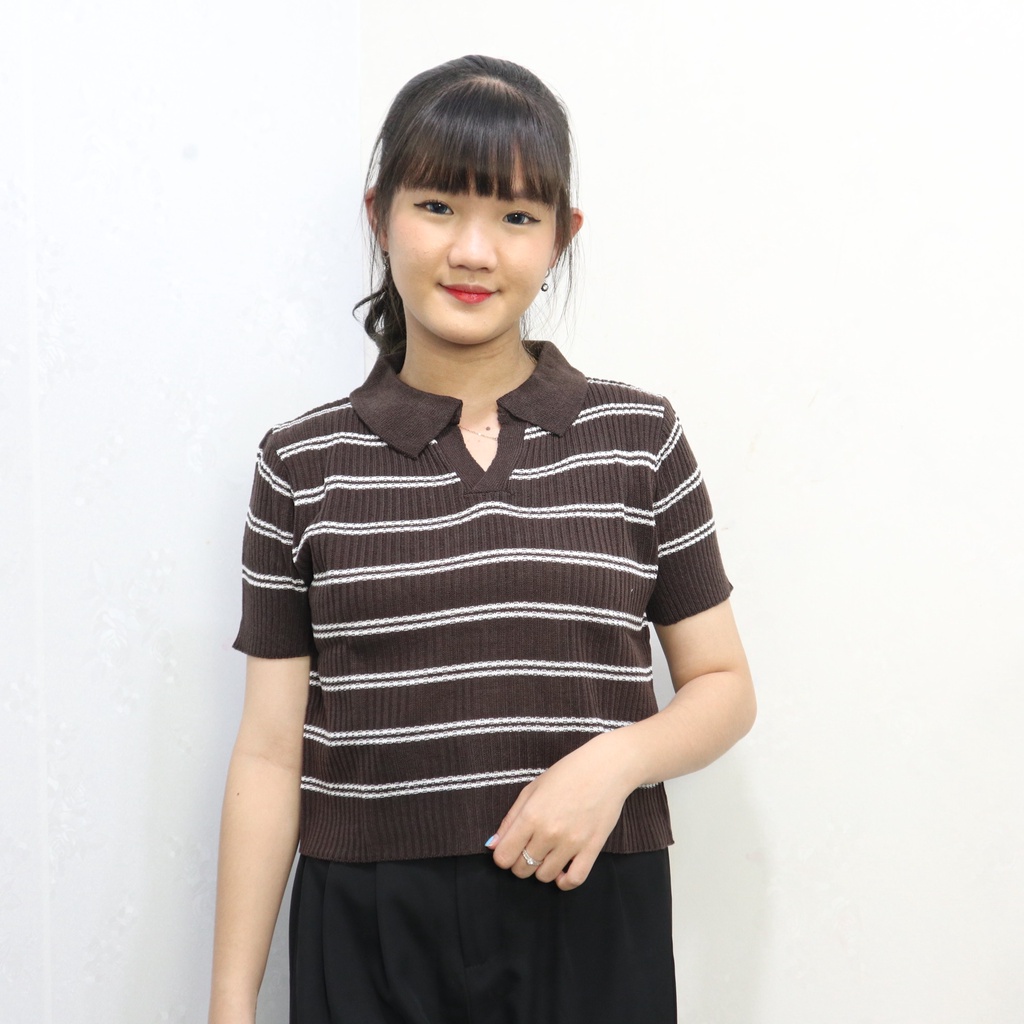 Knit Crop Top Korea Kaos Kerah Wangky Polo Shirt Atasan Wanita