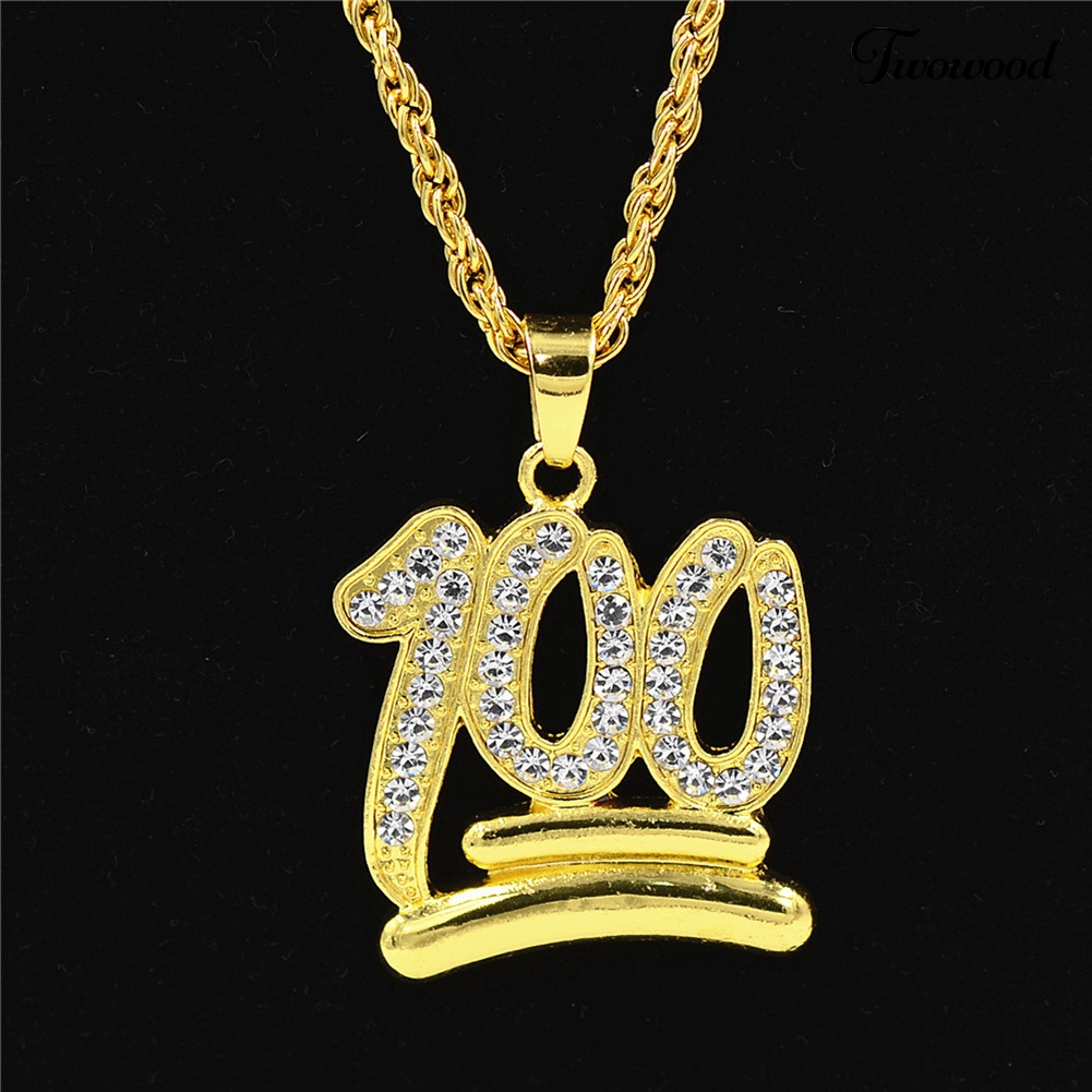 Twowood Pria Hip Hop Twist Rantai Berlian Imitasi Nomor100 Liontin Kalung Street Jewelry