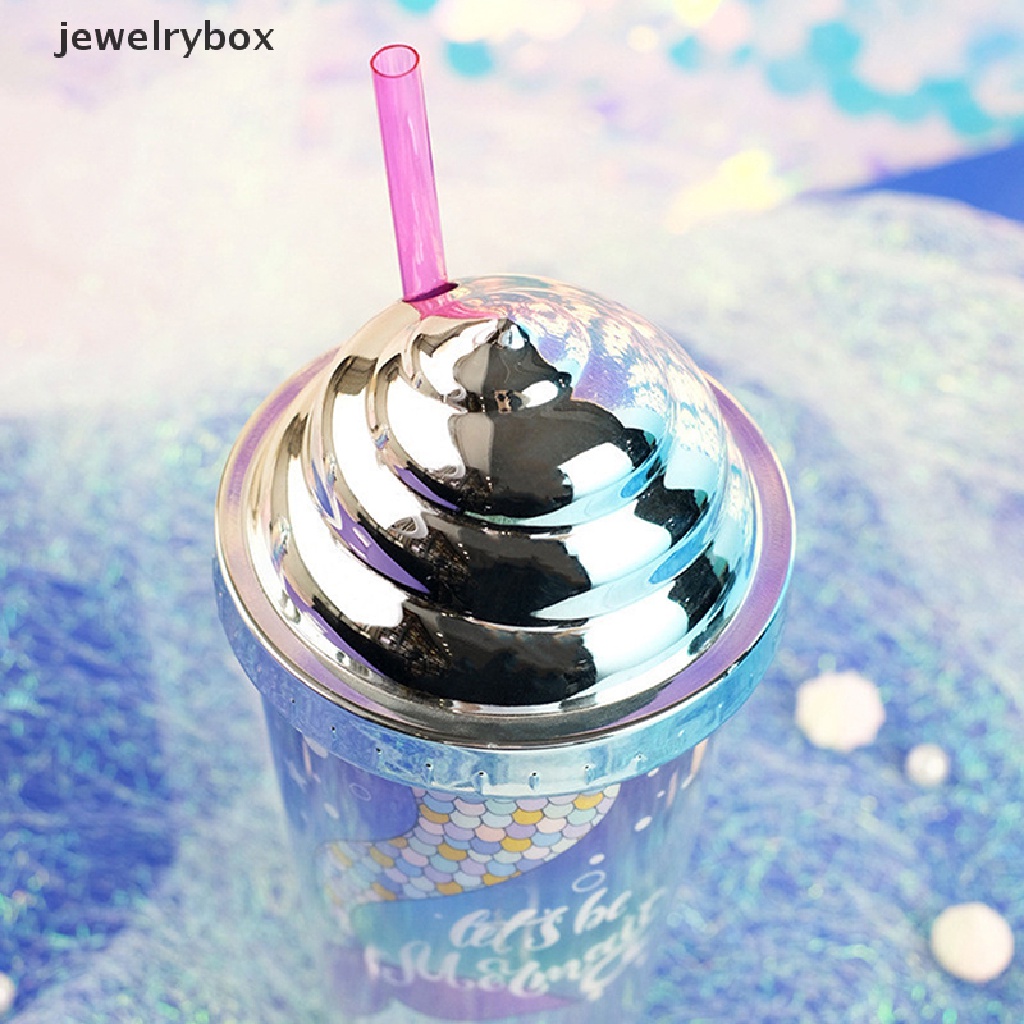 [jewelrybox] 420ml Cangkir Air Dengan Sedotan Double Wall Insulasi Panas BPA Free Anti Bocor Perlengkapan Minum Plastik Motif Mermaid Sippy Cup Butik