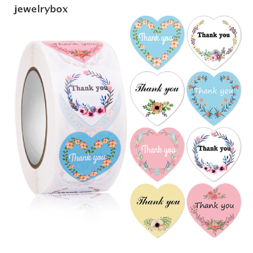 [jewelrybox] 500pcs/roll Hati Terima Kasih Stiker Bunga Hias Decal Sealing Stiker Butik