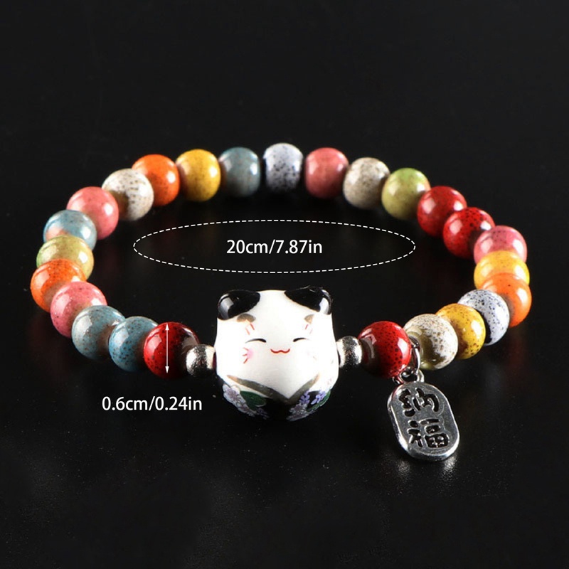 Gelang Kucing Keberuntungan Untuk Gadis Adjustable Manik-Manik Warna-Warni Gelang Harajuku Keramik Liontin Kucing Pesona Bracelets