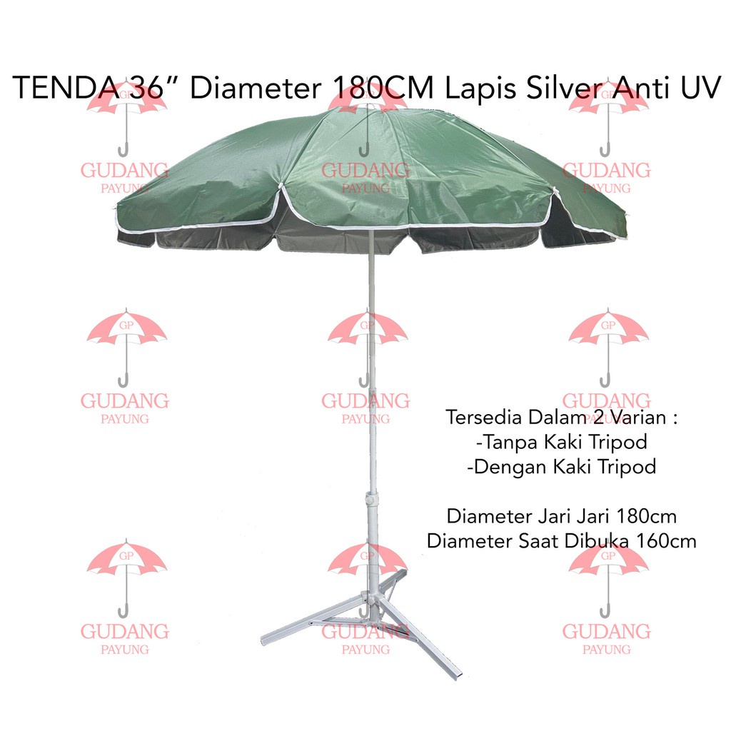 Payung Tenda Pantai Jualan 36 inch Diameter 180 cm ANTI UV DALAM LAPIS SILVER