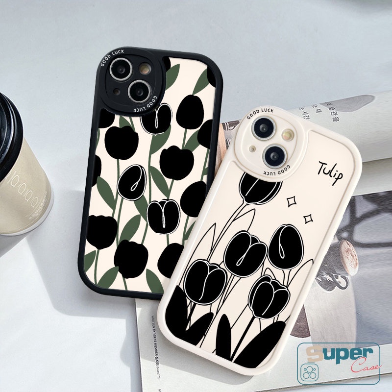 Oppo A15 A17 A95 A16 A78 A17K A54 A92 A58 A74 A1K A12 A3S A5s A9 A96 A77s A5 A16K A5 A57 A16E A7 A53 A76 Reno 8T 5F 8 7Z 7 5Z 5 A31 Couple Bunga Hitam Simple Tulip Sarung Soft Case