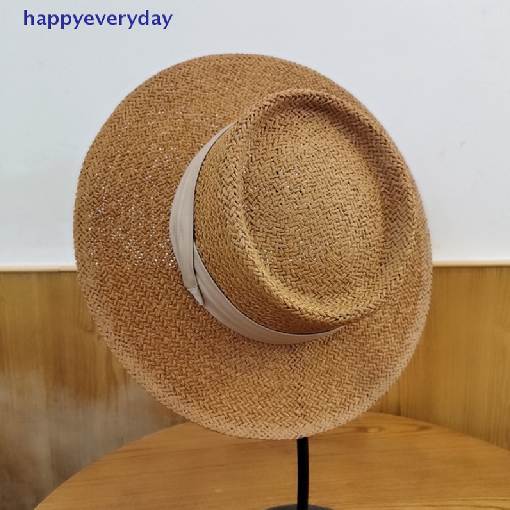 [happy] Natural Straw Hat Topi Pantai Pria Topi Cekung Datar Pelindung Visor Topi Perahu Matahari [ID]