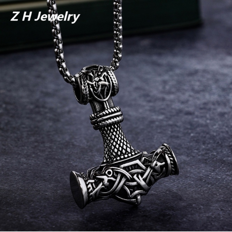 [Z H Perhiasan] Vintage Viking Warrior Naga Palu Hip Hop Liontin Fashion Pria Dan Wanita Anti Karat Kalung Punk Pesta Rock Perhiasan Aksesoris