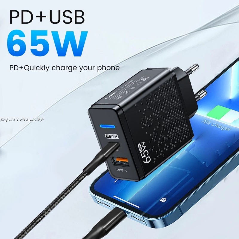 Universal Multiple Plug EU/US/UK ABS USB Adapter 65W GaN Rumah Kantor Travel Nyaman Type C Charger Ponsel
