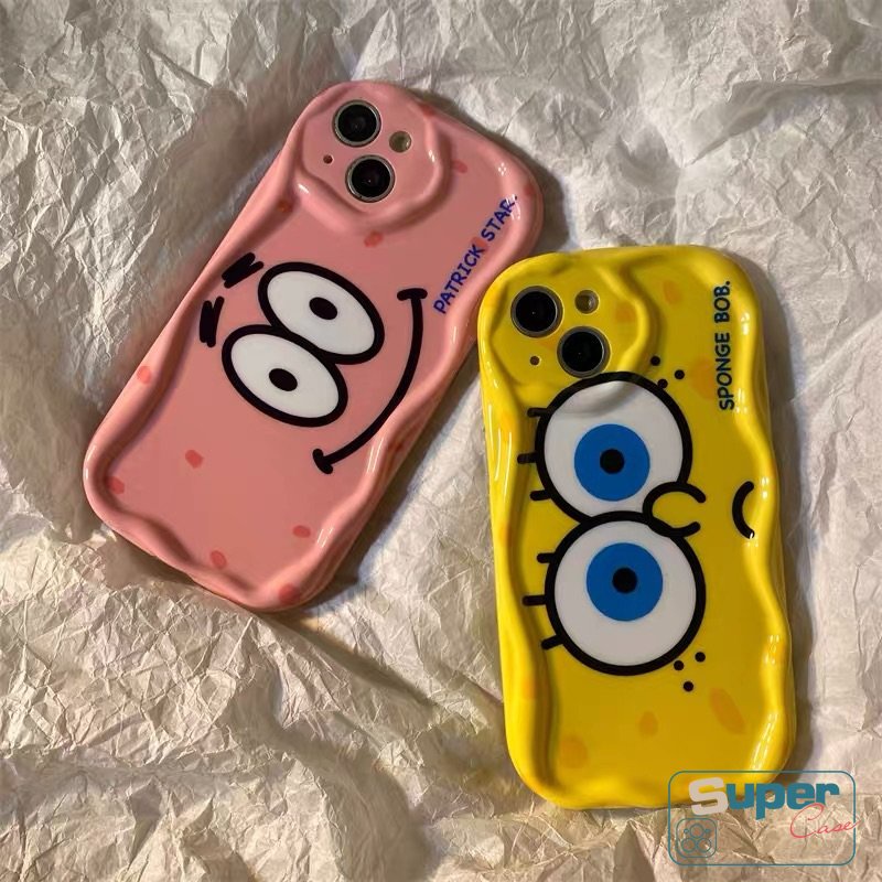 Casing Kartun Shockproof Kompatibel Untuk IPhone 7Plus XR 6s 6 7 8 Plus 13 14 11 12 Pro Max X XS Max SE 2020 Star 3D Wavy Curved Edge Cute SpongeBob Patrick Airbag Glossy Soft Cover