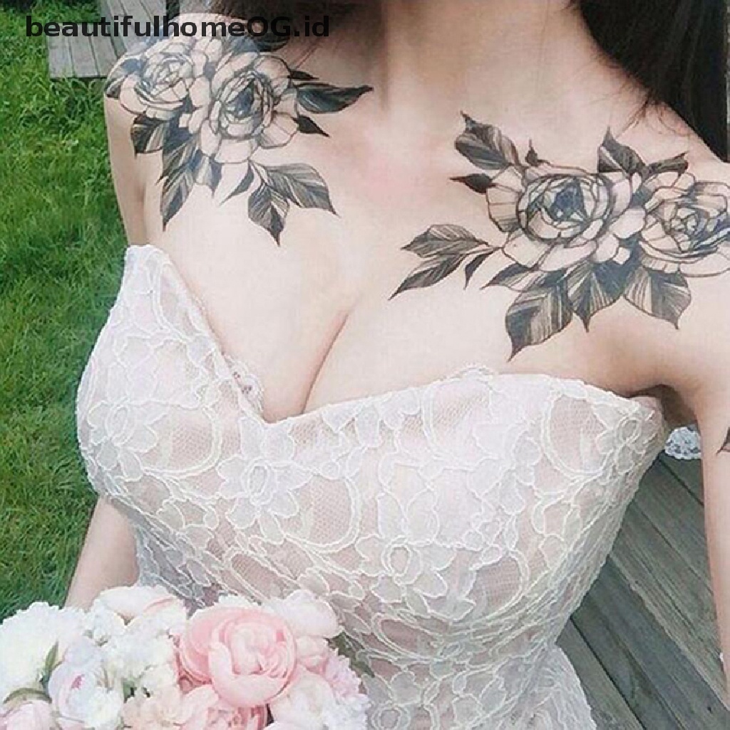 // Kecantikan// Tato Temporer Lembaran Bunga Mawar Hitam Floral Stiker Sexy Body Art Tattoo **