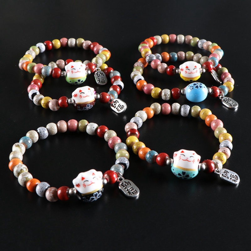 Lucu Kucing Beruntung Gelang Untuk Gadis Adjustable Manik-Manik Warna-Warni Gelang Harajuku Keramik Kucing Liontin Pesona Gelang Perhiasan