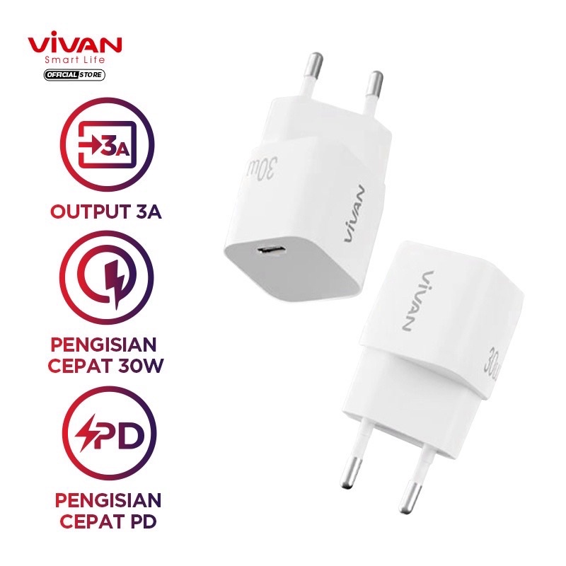 ( POWER 30 )- VIVAN Adaptor Charger Power 30 Batok Charger Fast Charging 30W 3A USB Type-C (PD) Multi Protection White Garansi Original Resmi