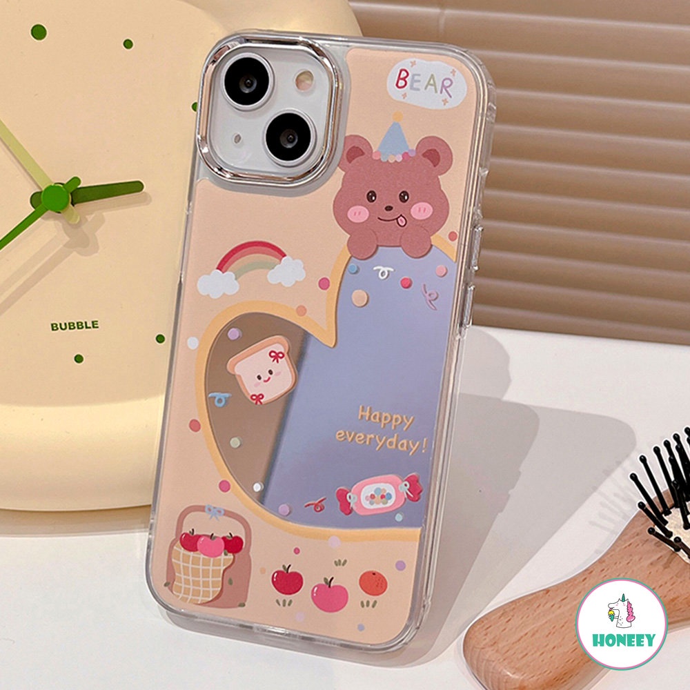 IPHONE Lucu Korea Mewah Cinta Hati Beruang Pelangi Makeup Mirror Phone Case Untuk Iphone11 12 13 14 Pro Max Shockproof Back Cover