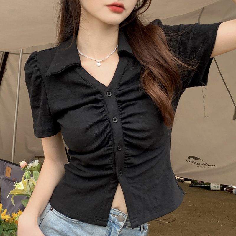 Red 100% Katun Wanita Rasa Desain V-Leher Lipit Bahu T-shirt Wanita Musim Panas Slim Slim Lengan Pendek POLO Kerah Top