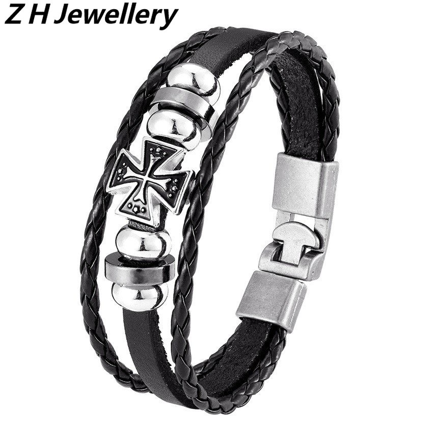 [Z H Perhiasan] Vintage Rock Cross Gelang Kulit Pria Dan Wanita Fashion Stainless Steel Multilayer Manik-Manik PU Gelang Punk Pesta Perhiasan Aksesoris