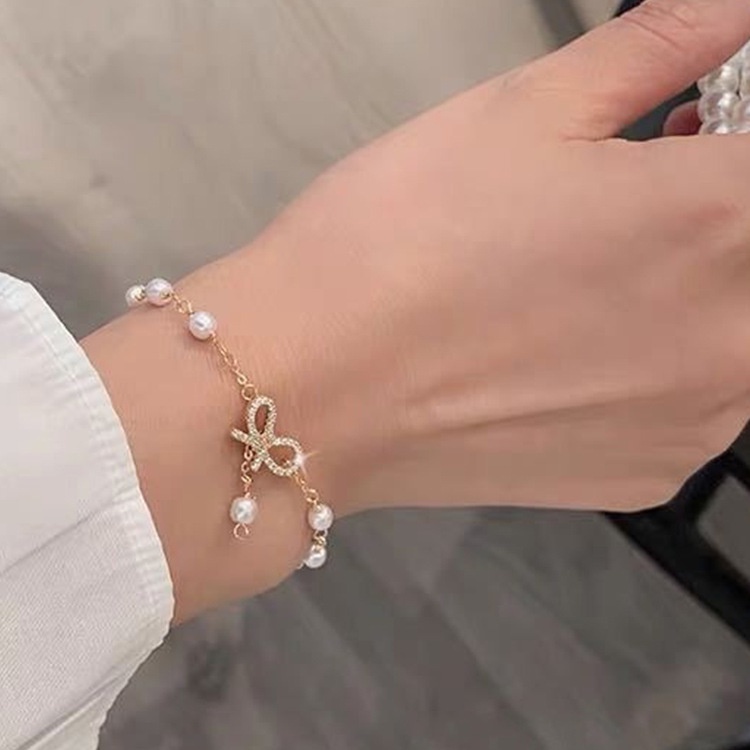 Gelang Busur Kristal Gelang Rantai Emas Mutiara Elegan Untuk Aksesoris Perhiasan Wanita