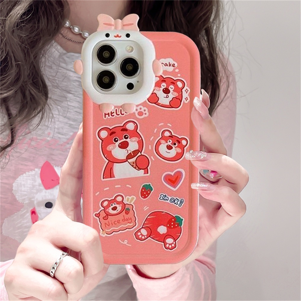 IPHONE Fashion Case Kompatibel Untuk Iphone14 11 12 iPhone6 7 8 Plus 13 Pro MAX 14plus 11Pro MAX XR XS MAX SE Kartun Lucu Manyo Beruang Strawberry Monster Kecil Lensa Shockproof Case BY