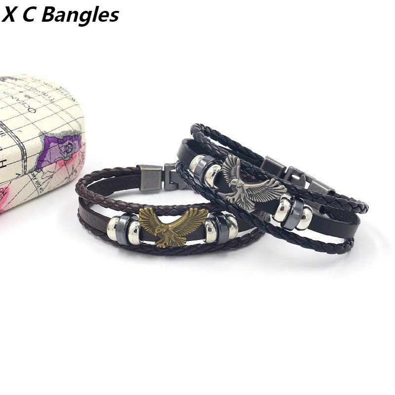 [X C Gelang] Baru Sayap Elang Gelang Hitam Kulit Vintage Hip Hop Punk Gelang Kulit Lengan Manik-Manik Multilayer Zinc Alloy Anyaman Gelang