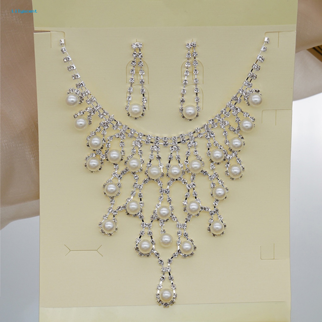 Lilyscent 1set Mewah Pengantin Pernyataan Kalung Pernikahan Perhiasan Bling Berlian Imitasi Drop Earrings Kit Mulia