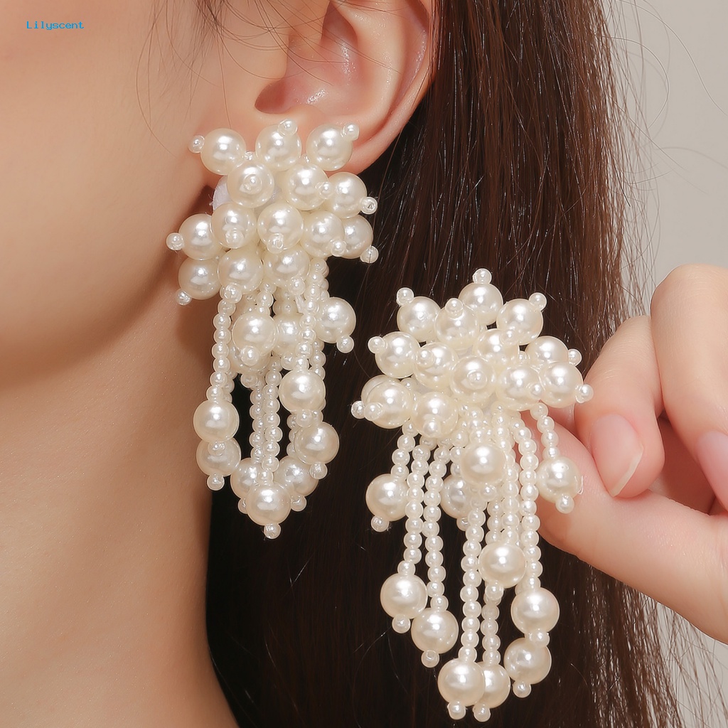 Lilyscent 1pasang Beige Drop Earrings Fashion Aksesoris Elegan Mutiara Imitasi Rumbai Stud Earrings Kepribadian