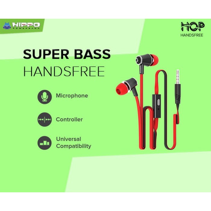 Hippo Earphone Hop Super Bass Jack 3.5 mm Wired Handsfree Android Original Earbuds Headset