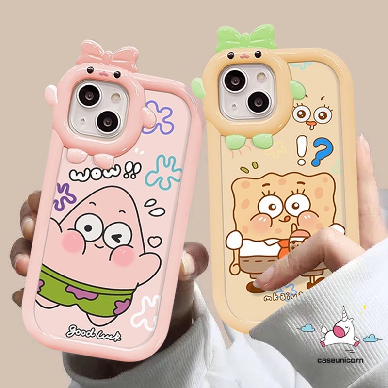 Lucu 3D Ikatan Simpul Little Monster Lens Couples Case Kompatibel Untuk iPhone 7Plus 11 14 13 12 Pro Max XR 8 7 6s 6 Plus XS Max X SE 2020 Kartun Patrick Star SpongeBob Soft Tpu Cover