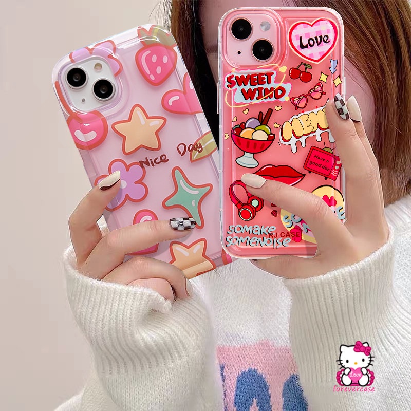 IPHONE Ins Manis Angin Label Telepon Case Kompatibel Untuk Iphone11 13 12 14 Pro Max7 6S 6 8 Plus XR XS X MAX SE 2020 Pink Bintang Cinta Hati Shockproof Airbag Soft Cover